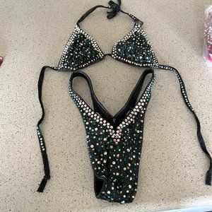 NPC Figure Competition Suit - Shiny Emerald, Black with Clear Swarovski Crystals